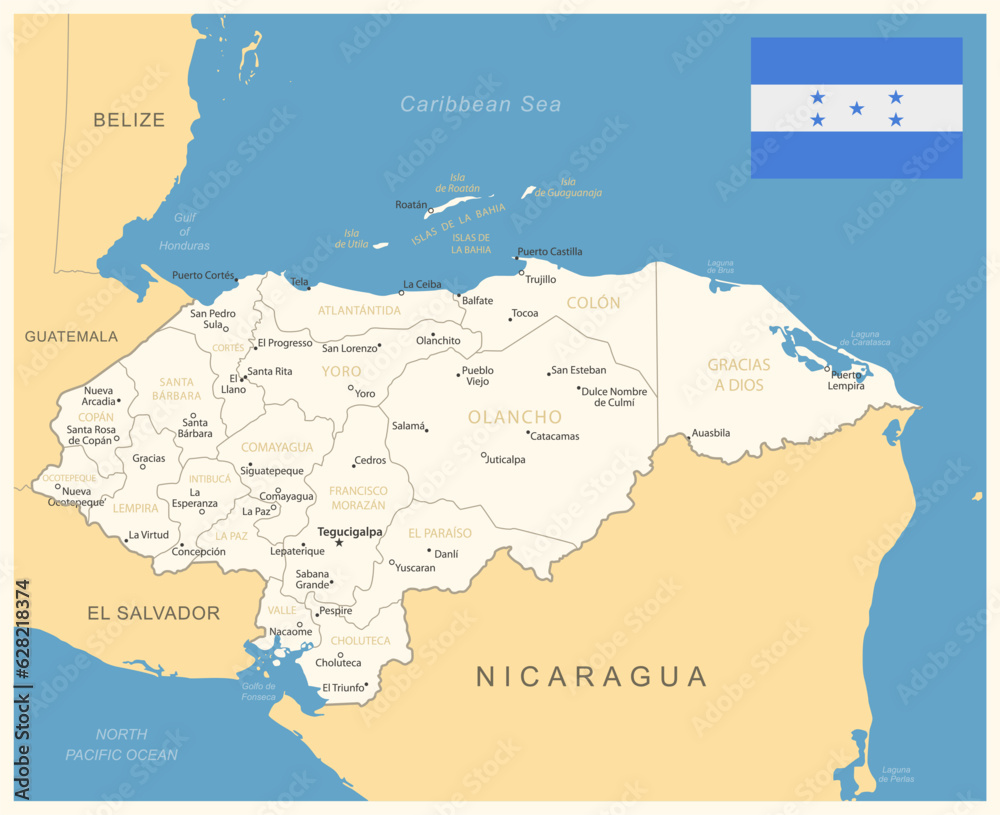 Honduras - detailed map with administrative divisions and country flag.