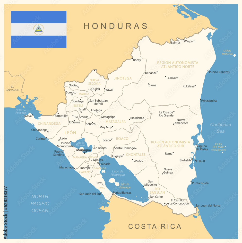 Fototapeta premium Nicaragua - detailed map with administrative divisions and country flag.