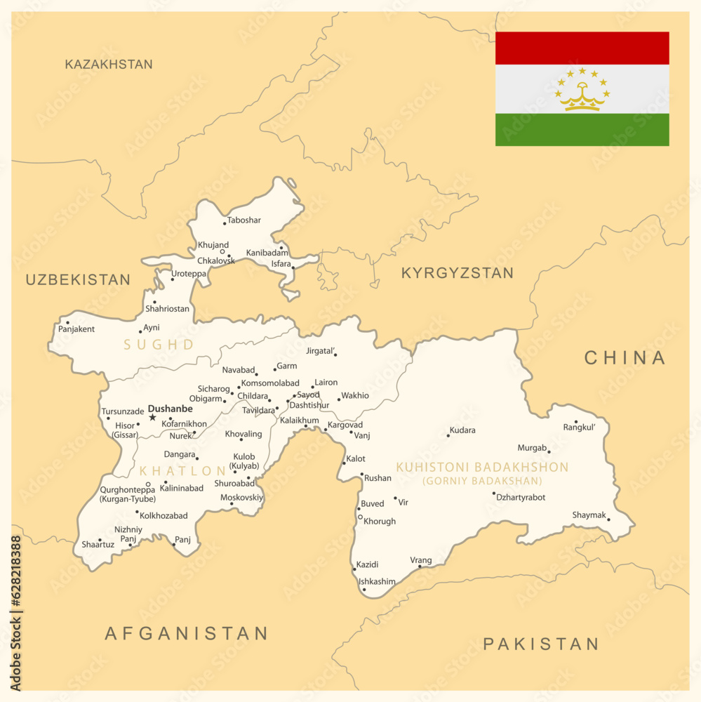 Tajikistan - detailed map with administrative divisions and country flag.