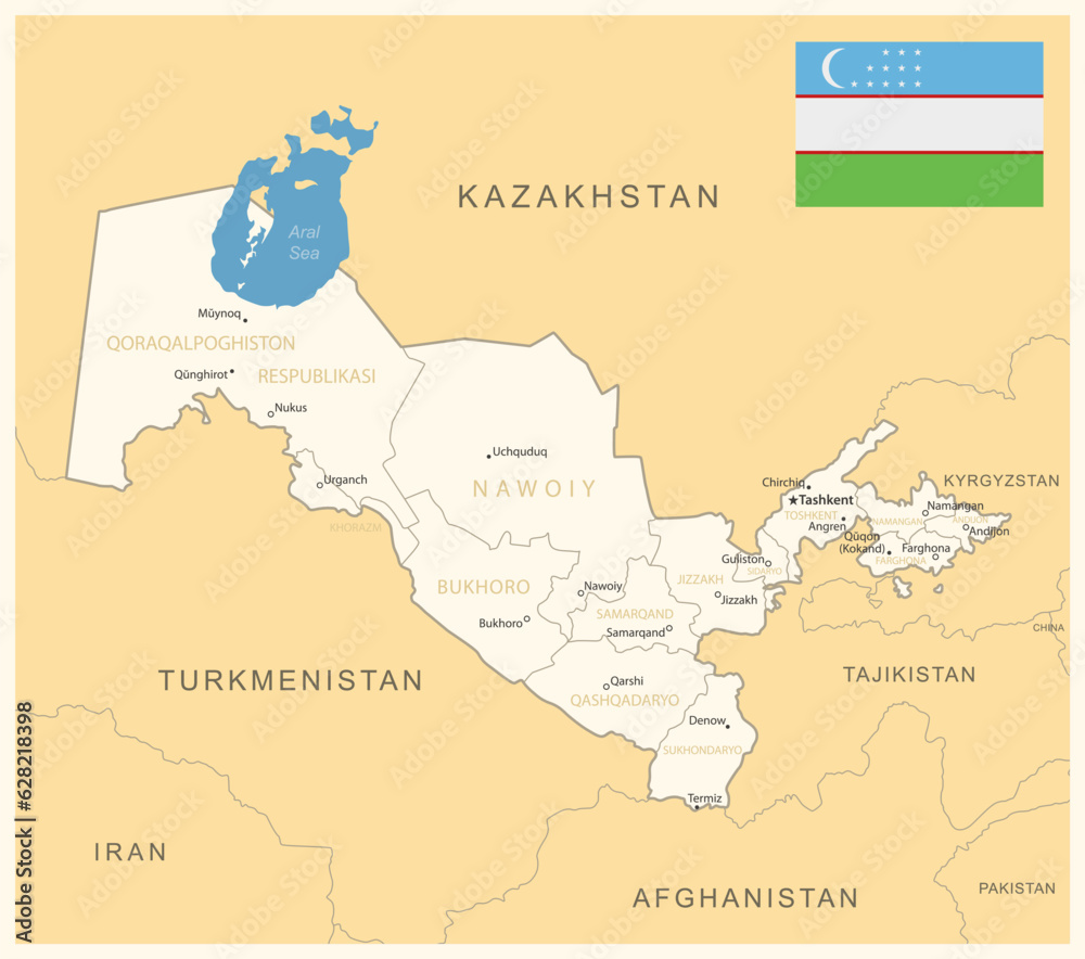Obraz premium Uzbekistan - detailed map with administrative divisions and country flag.