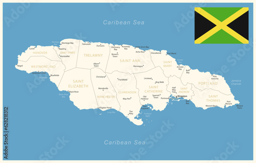 Jamaica - detailed map with administrative divisions and country flag.