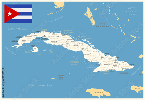 Cuba - detailed map with administrative divisions and country flag.