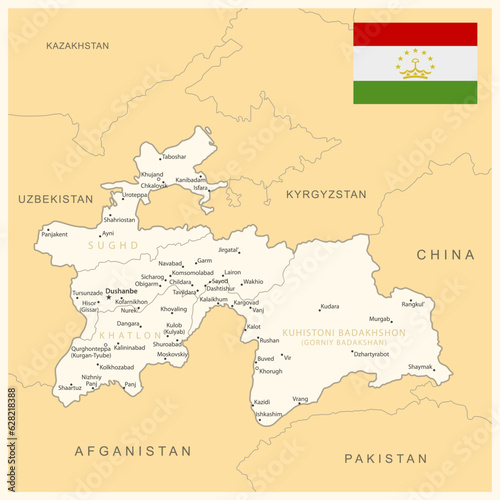Tajikistan - detailed map with administrative divisions and country flag.