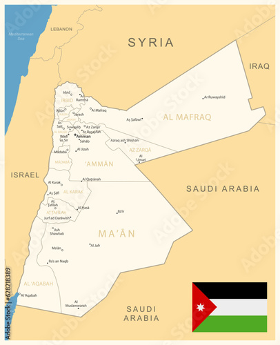 Jordan - detailed map with administrative divisions and country flag.