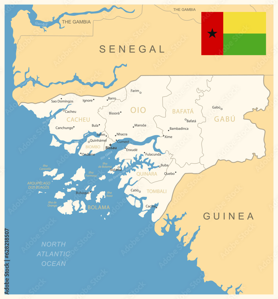Guinea-Bissau - detailed map with administrative divisions and country flag.
