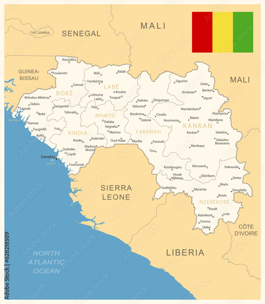 Guinea - detailed map with administrative divisions and country flag.