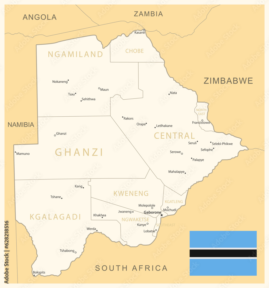 Botswana - detailed map with administrative divisions and country flag.
