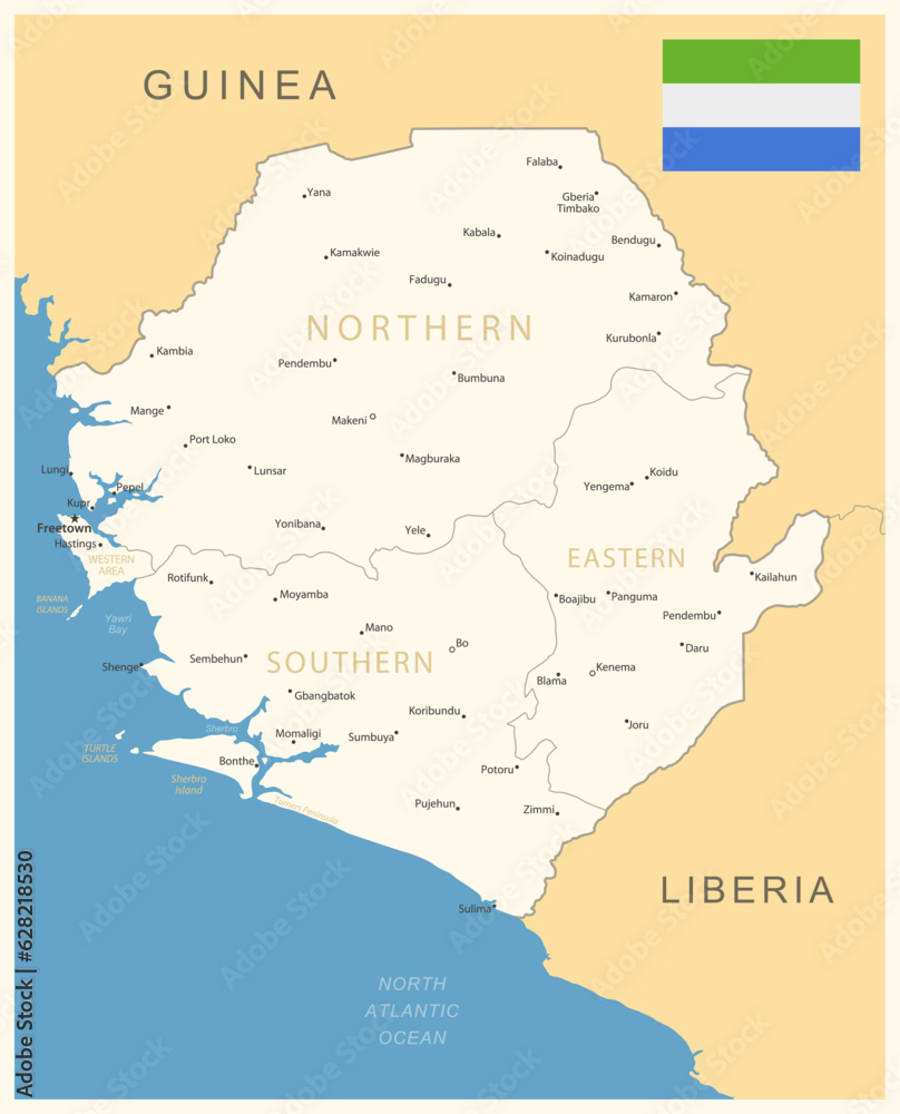 Sierra Leone - detailed map with administrative divisions and country flag.