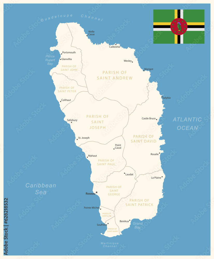 Dominica - detailed map with administrative divisions and country flag.