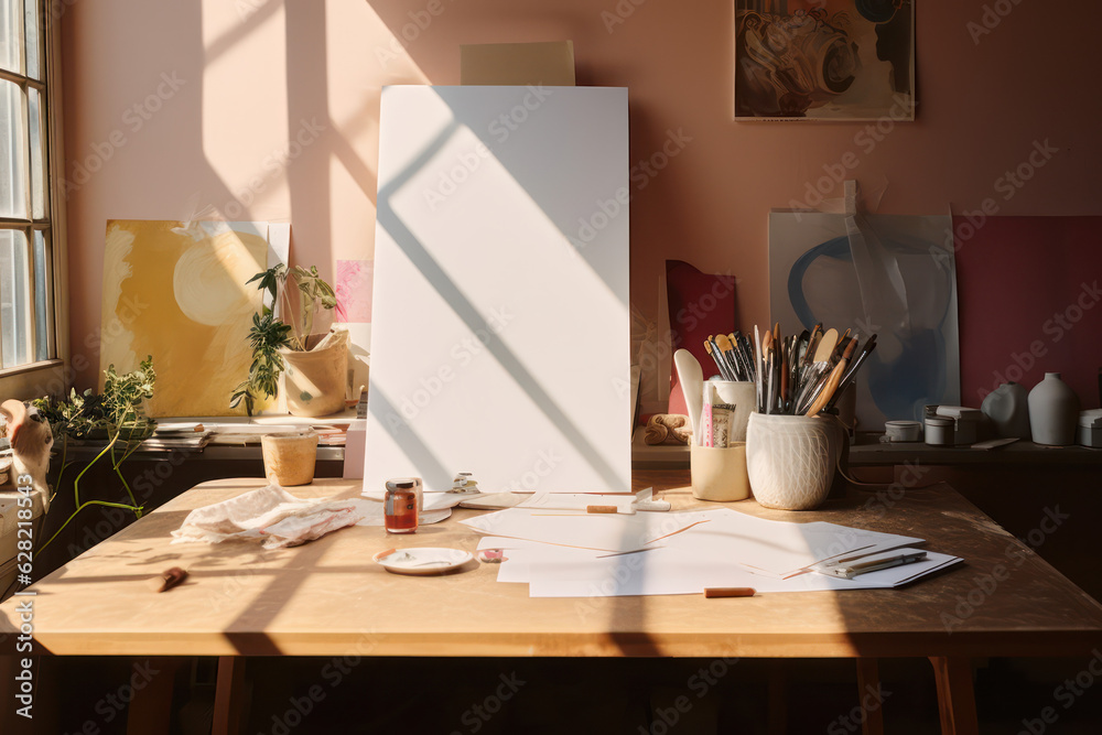 artistic frame canvas mock up in a curated whimsical studio setting / desk, atelier bohemian style with natural light and shadows - ai generative art	
