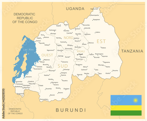 Rwanda - detailed map with administrative divisions and country flag.