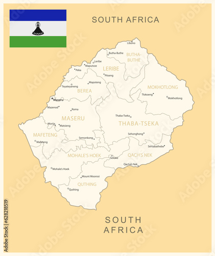 Lesotho - detailed map with administrative divisions and country flag.