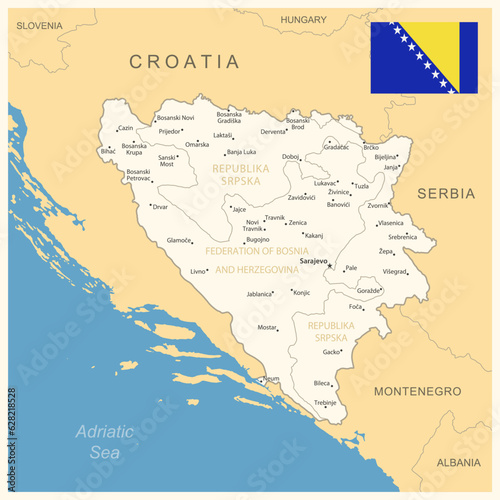 Bosnia and Herzegovina - detailed map with administrative divisions and country flag.