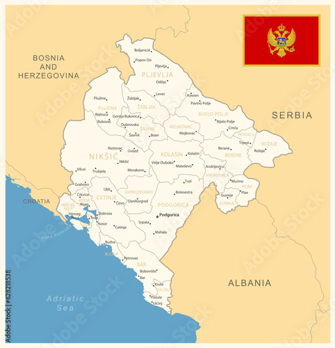Montenegro - detailed map with administrative divisions and country flag.