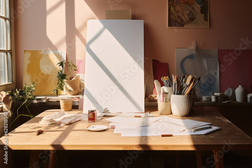artistic frame canvas mock up in a curated whimsical studio setting / desk, atelier bohemian style with natural light and shadows - ai generative art   © MaryAnn
