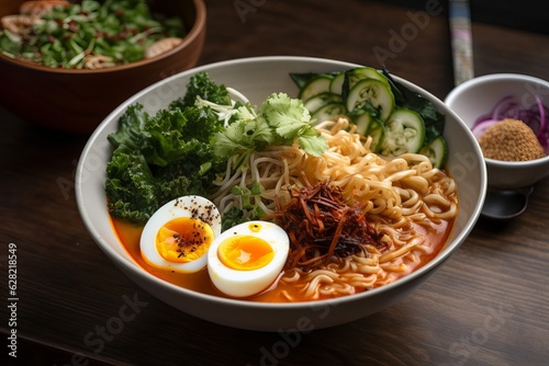Illustration of a delicious bowl of ramen with perfectly boiled eggs and fresh vegetables, created using generative AI