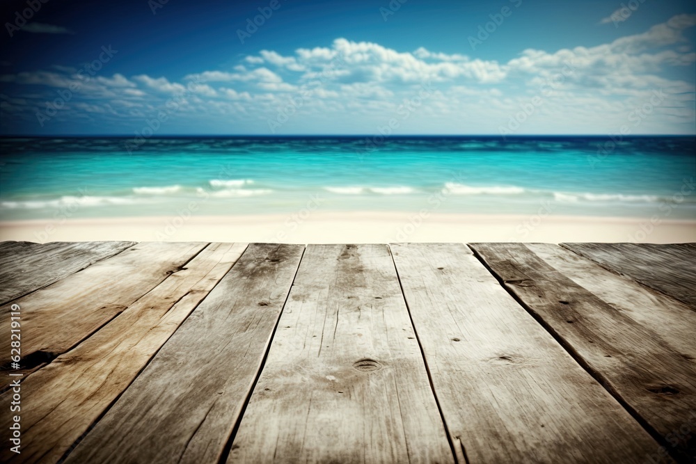 A wooden table with a view of the ocean A wooden table with a view of the ocean