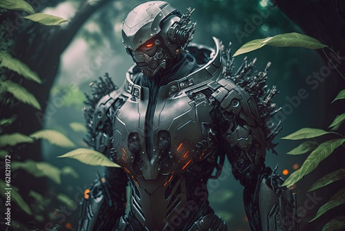 A robot standing in the middle of a forest