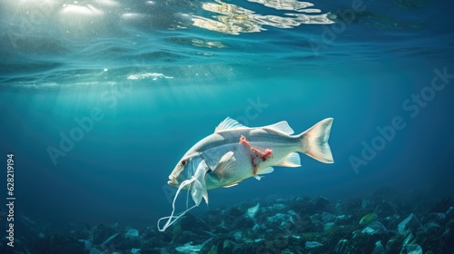 Fish and plastic pollution. Envrionmental problem - plastics contaminate seafood photo