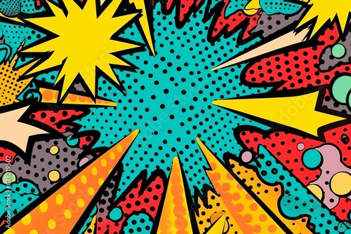 Illustration of a vibrant and dynamic pop art background filled with colorful stars and dots created using generative AI