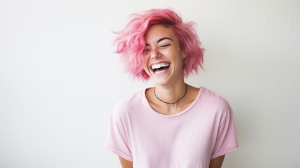 young laughing woman with pastel pink hair, tongue sticking out, blue eyes, peace gestures funny facial expressions