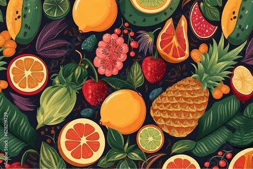 Illustration of fruits and vegetables painted in a vibrant style against a dark backdrop, created using generative AI