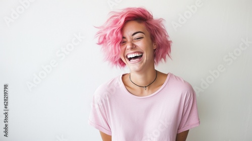Foto young laughing woman with pastel pink hair, tongue sticking out, blue eyes, peac