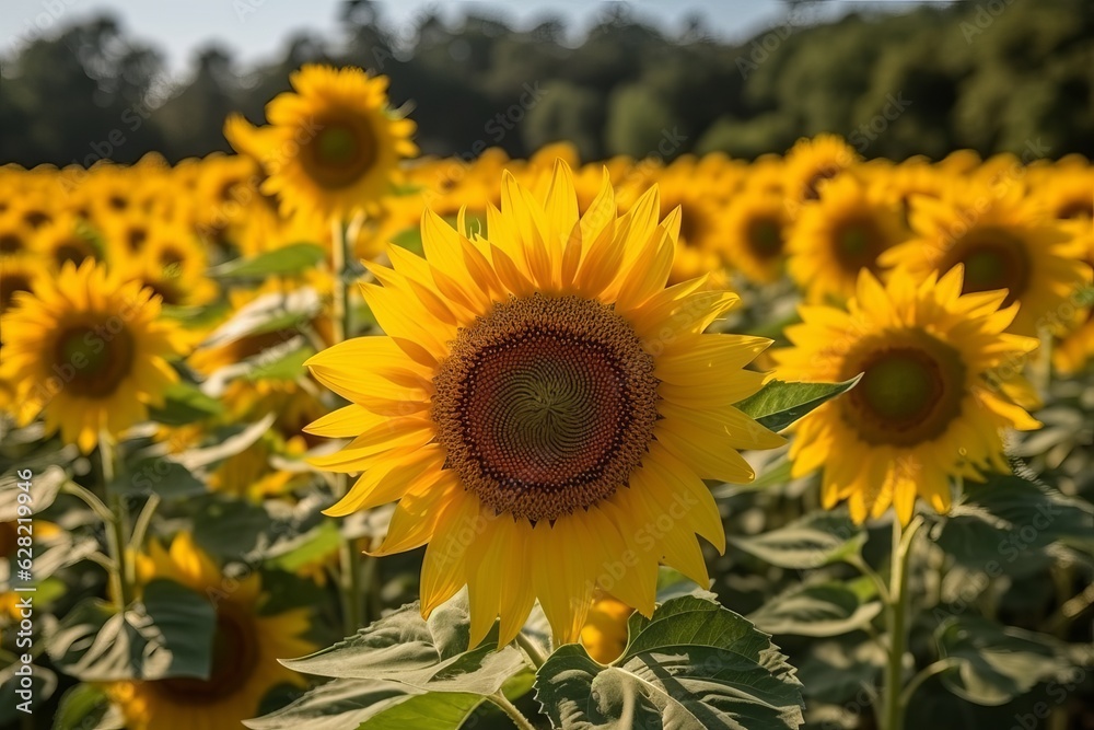 Illustration of a vibrant field of sunflowers with majestic trees in the backdrop, created using generative AI