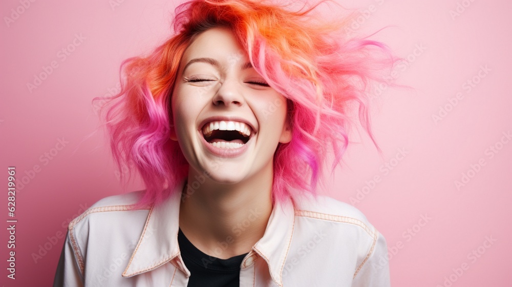young laughing woman with pastel pink hair, tongue sticking out, blue eyes, peace gestures funny facial expressions