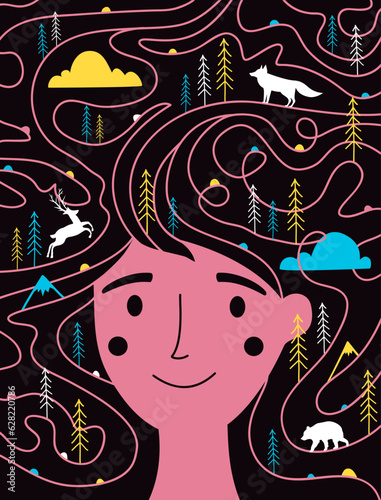 Vector illustration with long hair girl with nature forest world inside. Jumping deer, walking bear, fox white silhouette. Pine trees and colored hiking roads, clouds. Dreaming concept art