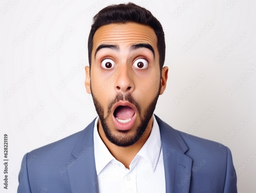 Portrait of young Arabic man with shocked and surprised facial expression face