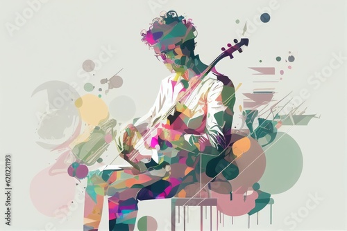 Illustration of musician playing guitar and singing on stage Created with Generative AI technology.