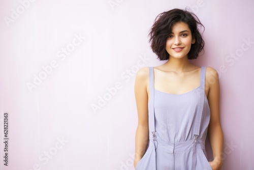 Fullbody portrait of a fictional woman model standing in romper. Isolated on a plain colored background. Generative AI.