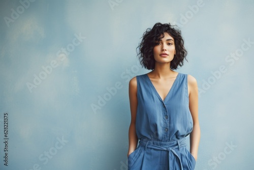 Fullbody portrait of a fictional woman model standing in romper. Isolated on a plain colored background. Generative AI. photo