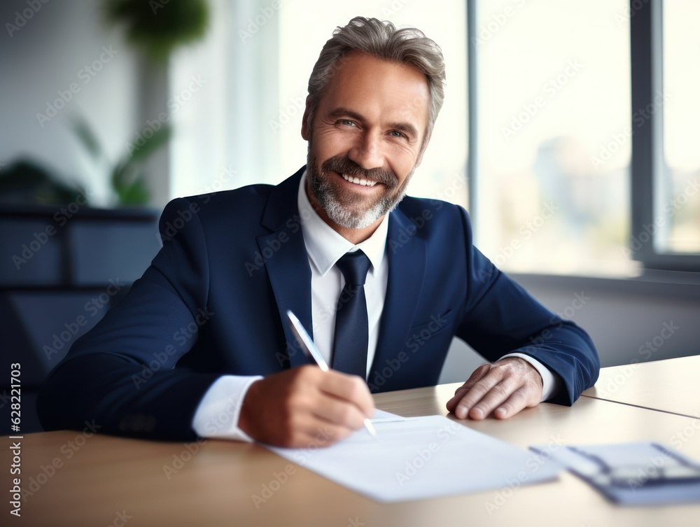 Portrait of a fictional businessman smiling and signing a contract paper in an office. Generative AI. Portrait of a fictional businessman smiling and signing a contract paper in an office. Generative AI.