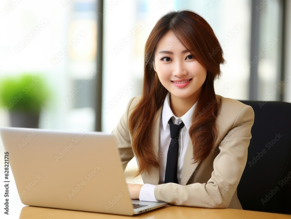 Fictional asian business woman smiling and using a laptop in an office. Formal attire model portrait. Generative AI. Fictional asian business woman smiling and using a laptop in an office. Formal attire model portrait. Generative AI.