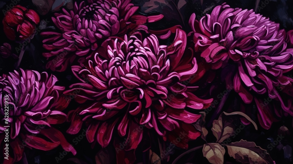 Dahlia petals macro. Chrysanthemum flower head. Floral abstract background. Generative AI. Illustration for banner, poster, cover, brochure or presentation.