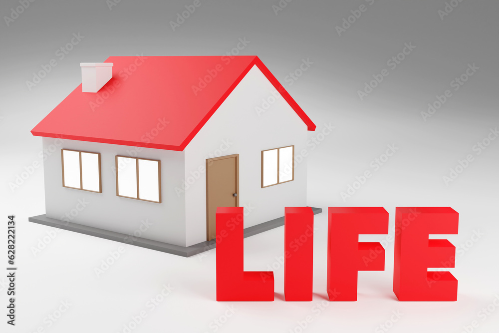 Small cute house with red text saying Life next to it Small cute house with red text saying Life next to it