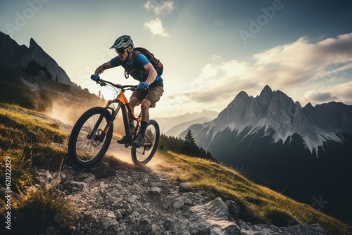 Cyclist riding bicycle on mountain trail. © kardaska