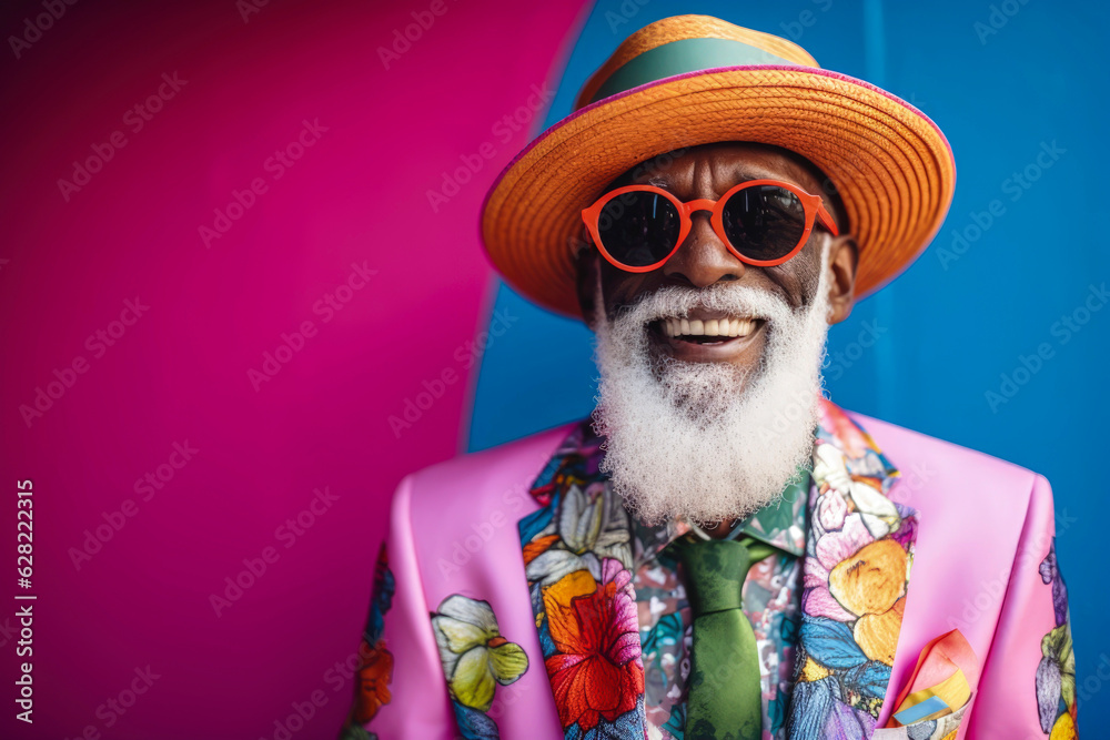 Fototapeta premium Generative AI illustration of Old man smiling very happy dressed in a lot of style and hat and colorful
