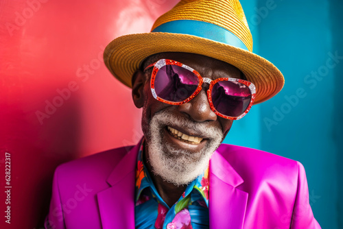 Generative AI illustration of Old man smiling very happy dressed in a lot of style and hat and colorful