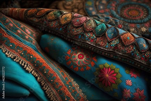 A close up of a bunch of different colored pillows