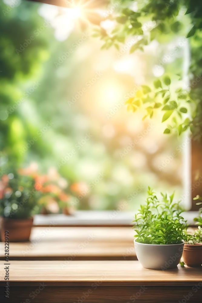 Abstract Natural Spring Blurred garden leaves view from Living Room window with wooden table counter background for show, promote, Create light soft colors design banner ads on display concept, Genera Abstract Natural Spring Blurred garden leaves view from Living Room window with wooden table counter background for show, promote, Create light soft colors design banner ads on display concept, Genera