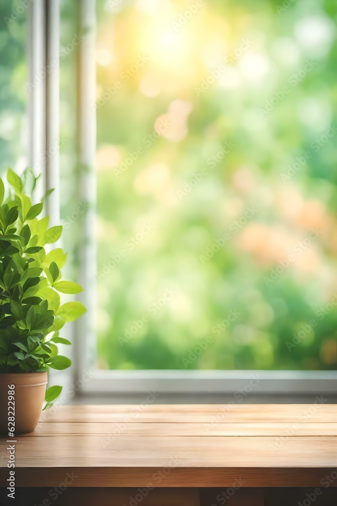 Abstract Natural Spring Blurred garden leaves view from Living Room window with wooden table counter background for show, promote, Create light soft colors design banner ads on display concept, Genera Abstract Natural Spring Blurred garden leaves view from Living Room window with wooden table counter background for show, promote, Create light soft colors design banner ads on display concept, Genera