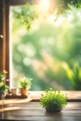 Abstract Natural Spring Blurred garden leaves view from Living Room window with wooden table counter background for show  promote  Create light soft colors design banner ads on display concept  Genera