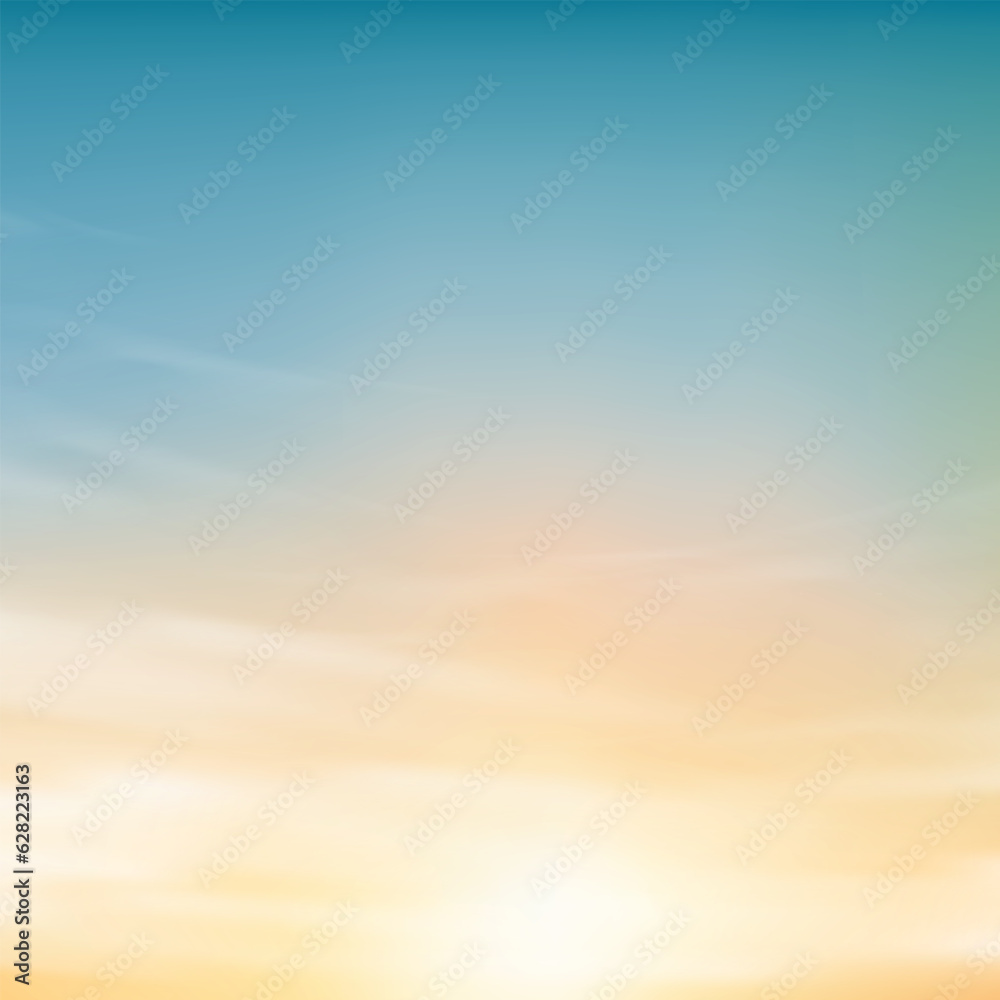 Sky blue with cloud,Horizon Sunset Sky in light blue,yellow color,Vector Panorama beautiful nature in evening Summer by the beach,Banner background for World environment day,Save the earth,Earth day