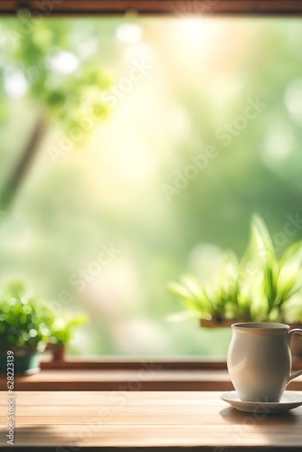 Abstract Natural Spring Blurred garden leaves view from Living Room window with wooden table counter background for show  promote  Create light soft colors design banner ads on display concept  Genera