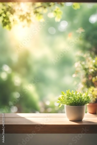 Abstract Natural Spring Blurred garden leaves view from Living Room window with wooden table counter background for show, promote, Create light soft colors design banner ads on display concept, Genera