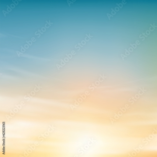 Sky blue with cloud,Horizon Sunset Sky in light blue,yellow color,Vector Panorama beautiful nature in evening Summer by the beach,Banner background for World environment day,Save the earth,Earth day