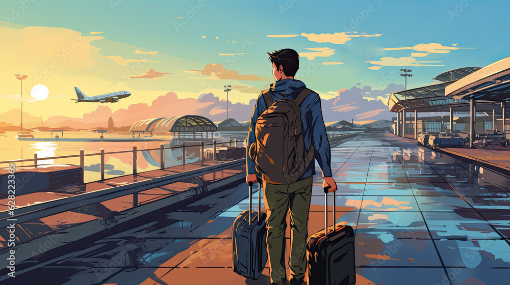 creative illustration of a young man with his suitcases at an airport. Generative AI